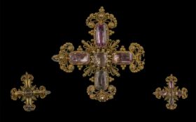 George III 18ct Gold Foil Back Pink Topaz Set Cannetille Brooch with Glazed Hair Work Locket to