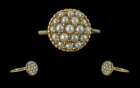 Antique Period - Pleasing Quality 18ct Gold Seed Pearl Set Cluster Ring, Not Marked but Tests 18ct