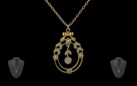 Edwardian Period 1901 - 1910 Ladies 9ct Gold Opal and Seed Pearl Set Openwork Pendant with
