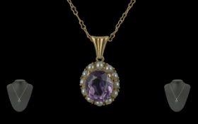 Edwardian Period 1901 - 1910 Ladies 9ct Gold Amethyst and Seed Pearl Set Pendant and Attached Long