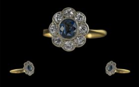 Edwardian Period 1901- 1910 Pleasing Quality Ladies 18ct Gold Diamond and Blue Sapphire Set Cluster