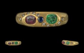 Ladies Pleasing Quality 18ct Gold Ring Set With Emerald Ruby Sapphire and Diamonds.