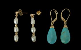 Ladies Two Pairs of Pleasing 9ct Gold Turquoise and Pearl Set Drop Earrings, both stamped for 9ct