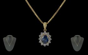 Ladies Attractive 18ct Gold Superior Quality Blue Sapphire and Diamond Set Cluster Pendant,