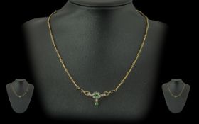 Ladies - Excellent Quality 18ct Gold Necklace Set with a Diamond / Emerald Drop, Marked 750.
