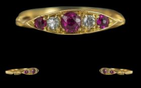 Ladies Pleasing 18ct Gold Ruby and Diamond Set 5 Stone Ring - Not Marked but Tests High Ct Gold.