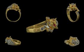 Ladies 18ct Gold Diamond and Sapphire Set Leopard Ring, The Head, Back and Legs of Leopard Set