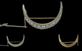 Art Deco Period 1930s Ladies 18ct White Gold Graduated Diamond Set Crescent Moon Shaped Brooch of