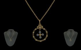 Antique Period Ladies 9ct Gold Blue Sapphire and Seed Pearl Set Cluster Pendant ( Pleasing