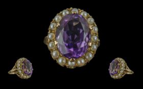 Antique Period - Pleasing Quality 9ct Gold Amethyst and Seed Pearl Set Dress Ring.