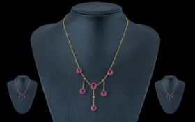 Antique Period Attractive 15ct Gold Pink Tourmaline Set Necklace, Marked 15ct.