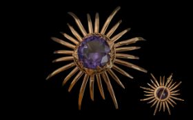 Antique Period Ladies 14ct Gold Star burst ' Spider ' Amethyst Set Brooch, Marked 14ct.