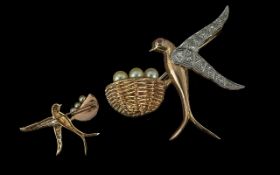 Edwardian Period 1901 - 1910 Ladies Attractive Diamond Ruby and Pearl Set Bird Brooch, the bird,