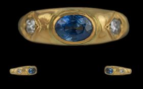 A Fine Quality 18ct Gold 3 Stone Blue Sapphire and Diamond Set Ring, Marked 18ct to Interior of