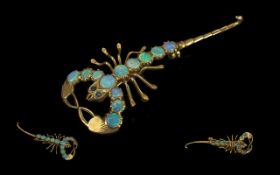 Antique Period - Unusual 9ct Gold Opal Set Scorpion Figural Brooch, Not Marked but Tests 9ct Gold.