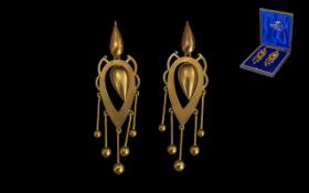 Fine Pair of Ladies Art Nouveau 18ct Gold Ornate Drop Earrings With Tassels in original display box;