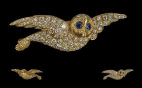 Ladies 18ct Gold Diamond Set Flying Owl Brooch, With Full Hallmark and Signed, Makers Mark E.W & Co.