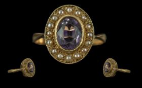 Antique Antique Period Pleasing Quality Ladies 18ct Gold Amethyst and Seed Pearl Set Ring,