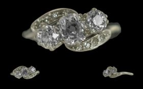 Antique Period Ladies 18ct White Gold and Platinum Three Stone Diamond Set Ring, marked 18ct gold