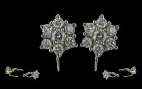 Ladies - Excellent Quality Pair of 18ct White Gold Diamond Set Cluster Earrings. Marked 750 - 18ct.