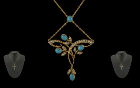 Art Nouveau Ladies 15ct Gold Turquoise and Seed Pearl Set Pendant / Necklace. Marked 15ct Gold.