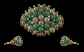 Ladies - Pleasing 18ct Gold Turquoise and Seed Pearl Cluster Set Ring,