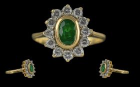 Ladies - Attractive 18ct Gold Emerald and Diamond Set Cluster Ring,