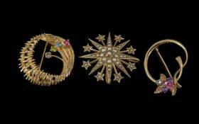 Fine Trio of Gem Set 9ct Gold Small Broo