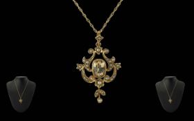 Antique Period Ladies 9ct Gold Citrine and Pearl Set Open worked Pendant with Attached 9ct Gold