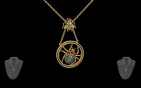 Ladies 14ct Gold Novelty Spider Pendant of Circular Form, The Head of a Spider Set with Ruby,