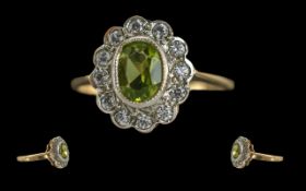 Ladies Attractive 9ct Gold Diamond and Peridot Cluster Ring, Full Hallmark to Interior of Shank,