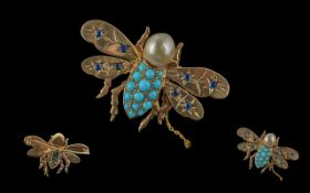 Antique Period - Pleasing Naturalistic 9ct Gold Novelty Bumble Bee Brooch,