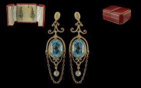 Antique Period Attractive and Well Designed Pair of 9ct Gold Aquamarine Set Ornate Earrings with