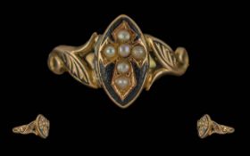Victorian Period Ladies 18ct Gold Black Enamel and Pearl Set Ornate Ring.