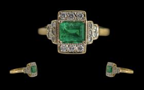Ladies Art Deco Period Petite 18ct Gold Emerald and Diamond Set Ring of Pleasing Form / Design.