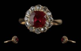 Antique Period - Ladies 18ct Gold Ruby and Diamond Set Cluster Ring, Raised Setting.