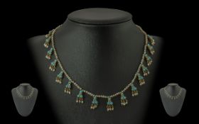 Victorian Period Attractive and Pleasing Ladies 9ct Gold Seed Pearl and Turquoise Set Necklace,