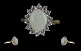 Ladies 9ct Gold Diamond and Opal Set Cluster Ring, Flower head Setting.