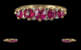 Antique Period Pleasing Quality 5 Stone Ruby and Diamond Set Ring, Raised Ornate Setting,