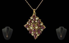 Antique Period Early to Mid 19th Century Excellent Quality 11ct Gold Garnet and Pearl Set Pendant,