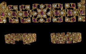 Ladies Handmade Indian 22ct Gold Ruby and Pearl Set Bracelet, Not Marked but Tests 22ct.