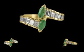 Ladies 18ct Gold Pleasing Quality Emerald and Diamond Set Dress Ring,