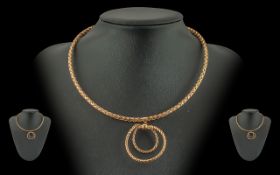 Ladies Attractive and Pleasing Design 9ct Gold Necklace, With Drop Hoops, Marked 9.375.