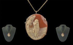 Antique Period Pleasing Quality 9ct Gold Mounted Shell Cameo Pendant / Brooch of Oval Form.
