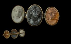 Victorian Period Fine 9ct Gold Hardstone / Lava Cameo Set Brooch,