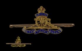 Antique Period 15ct Gold and Blue Enamel Royal Artillery Brooch, Marked 15ct.