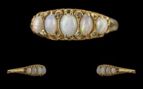 Ladies 18ct Gold Attractive 5 Stone Opal Set Ring, Raised Open Work Setting and Diamond Set Spacers,