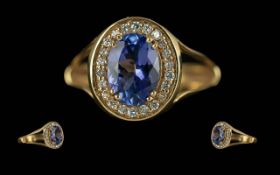 Ladies 18ct Gold Tanzanite and Diamond Set Cluster Ring, Full Hallmark to Interior of Shank,