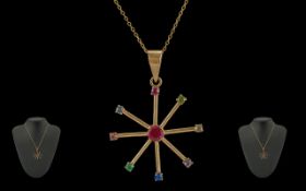 Ladies - Attractive and Pleasing 15ct Gold Gem Set Pendant, Attached to a 18ct Gold Chain,