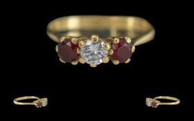 Ladies - Pleasing Quality Petite 18ct Gold 3 Stone Ruby and Diamond Set Ring,